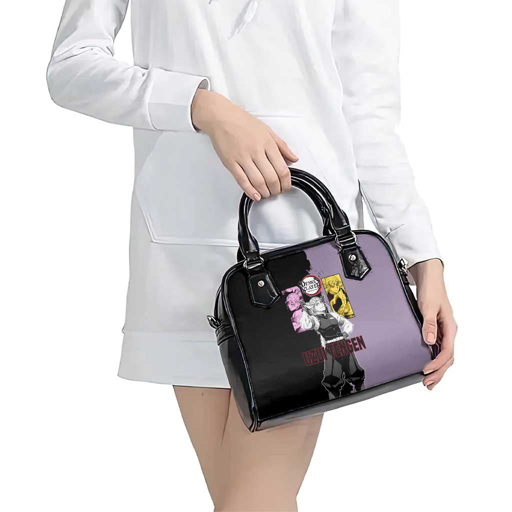 Tengen Uzui from Demon Slayer Shoulder Handbag with Purple and Black Split Design and Dual Sword Manga Panel Layout - The Mazicc