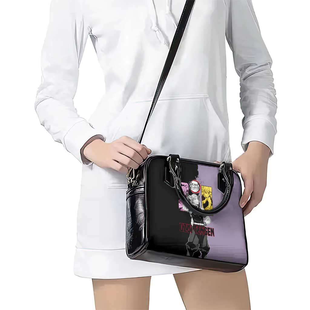 Tengen Uzui from Demon Slayer Shoulder Handbag with Purple and Black Split Design and Dual Sword Manga Panel Layout - The Mazicc