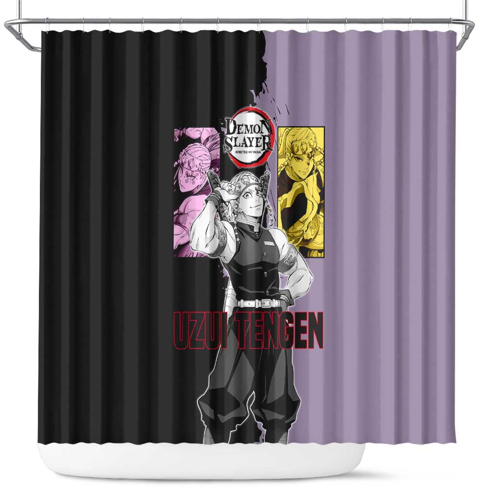 Tengen Uzui from Demon Slayer Shower Curtain with Purple and Black Split Design and Dual Sword Manga Panel Layout - The Mazicc