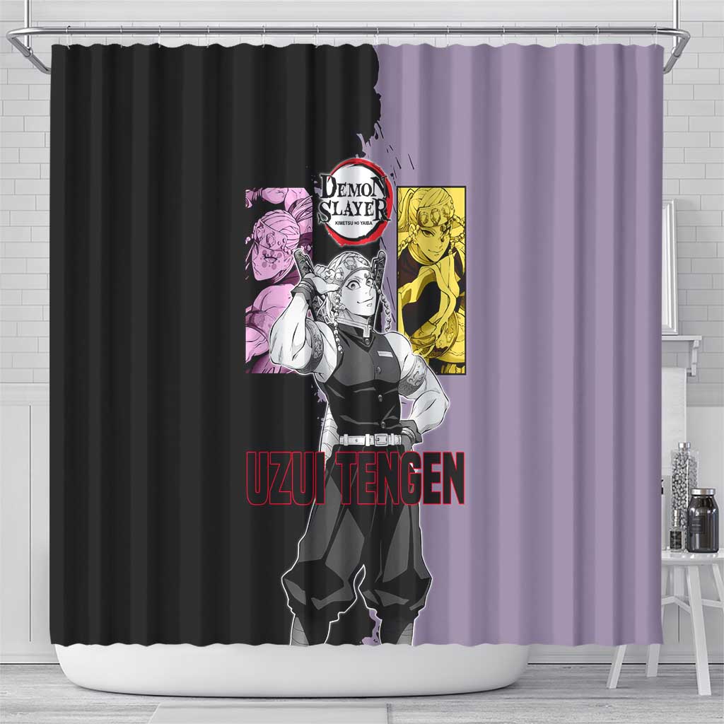 Tengen Uzui from Demon Slayer Shower Curtain with Purple and Black Split Design and Dual Sword Manga Panel Layout - The Mazicc