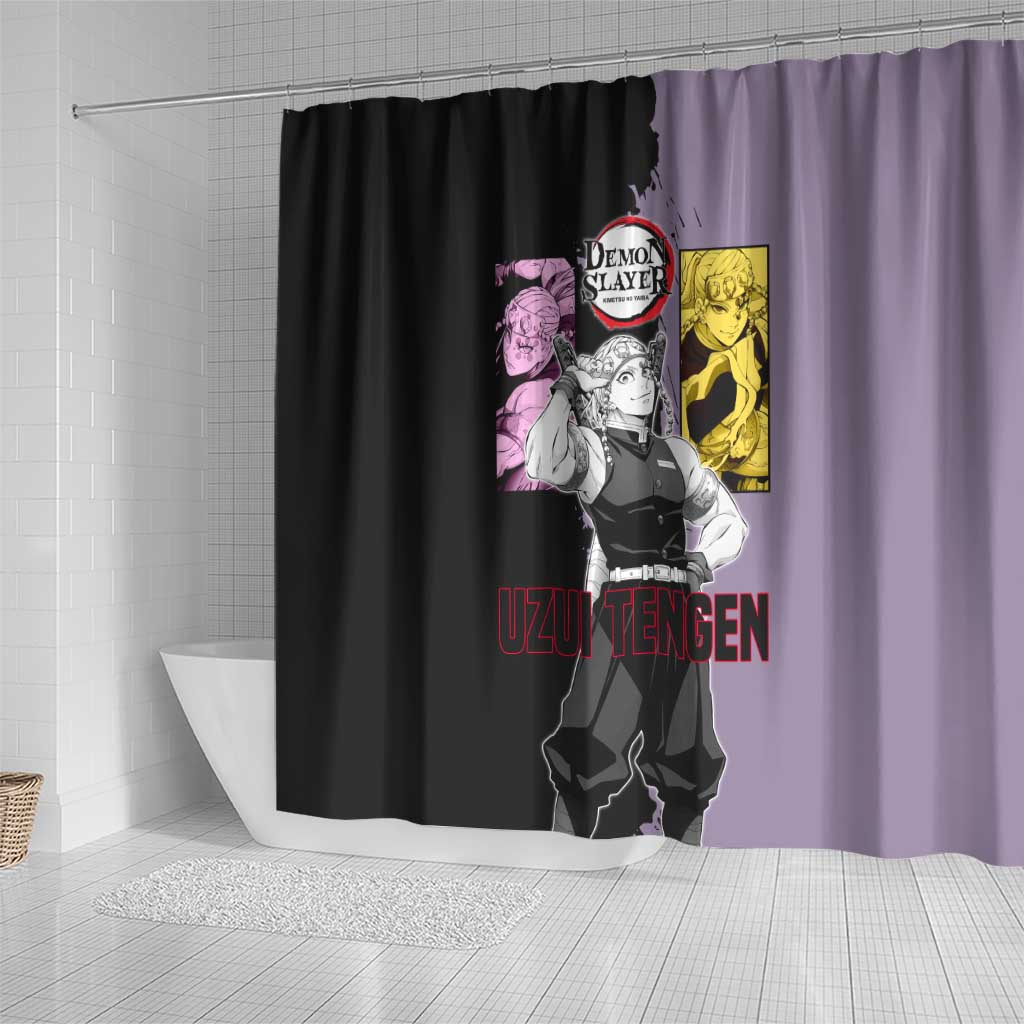 Tengen Uzui from Demon Slayer Shower Curtain with Purple and Black Split Design and Dual Sword Manga Panel Layout - The Mazicc