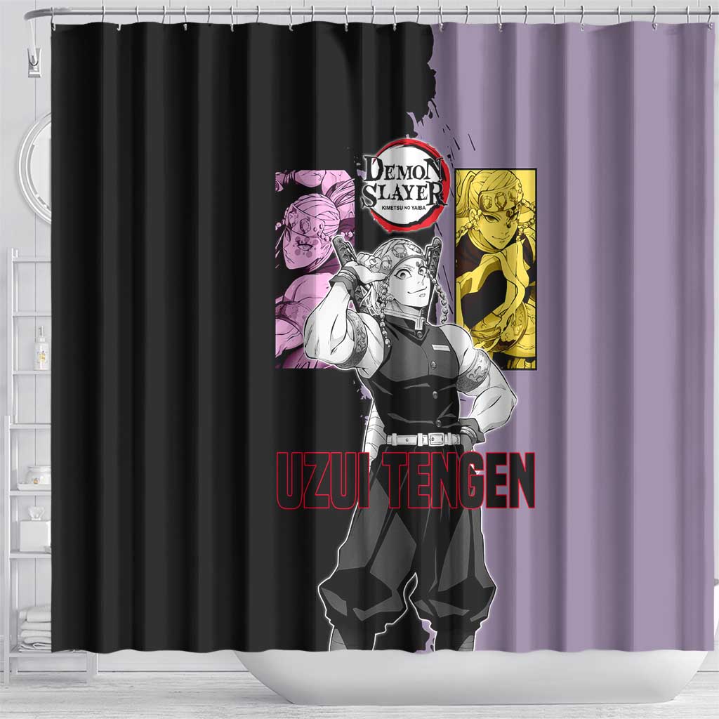 Tengen Uzui from Demon Slayer Shower Curtain with Purple and Black Split Design and Dual Sword Manga Panel Layout - The Mazicc