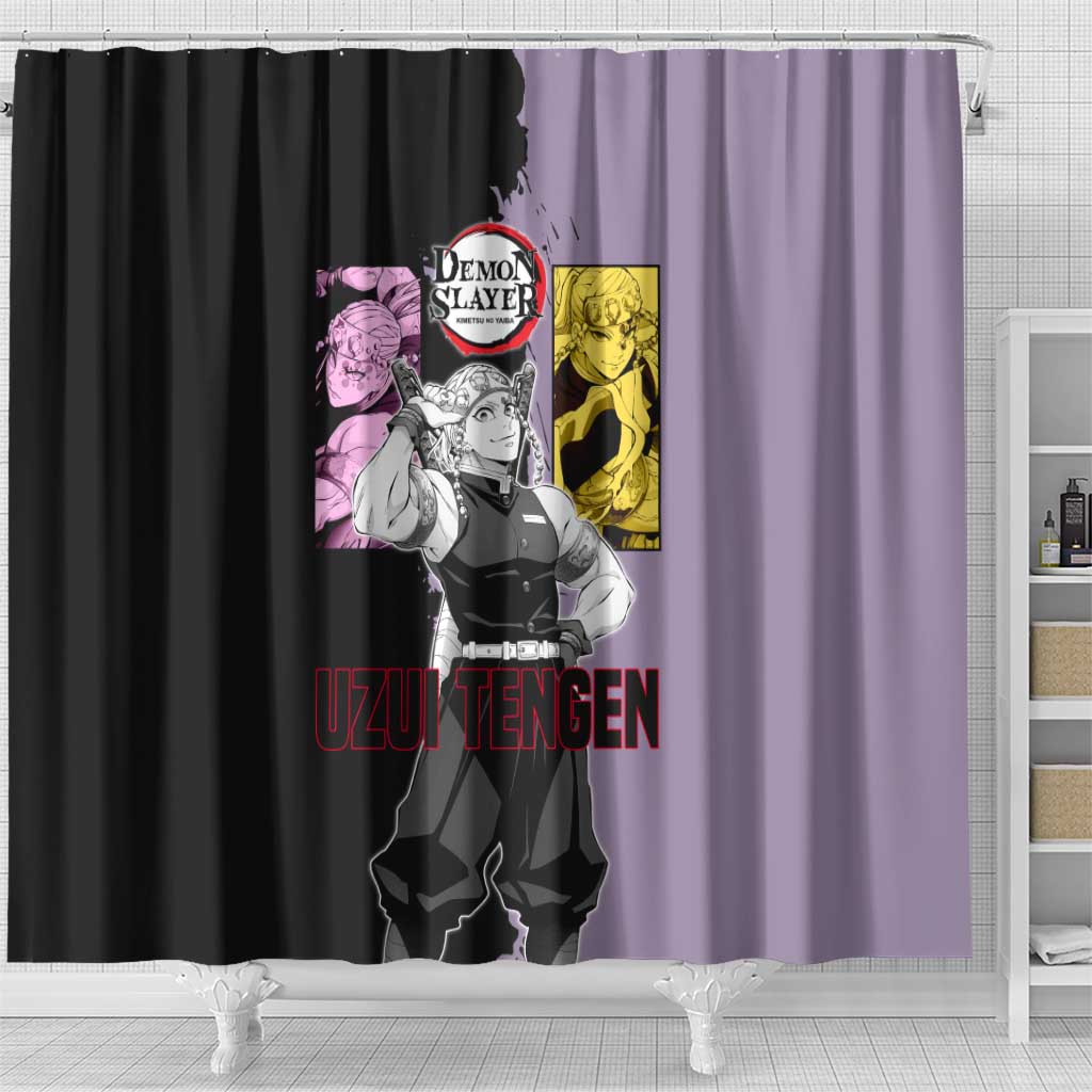Tengen Uzui from Demon Slayer Shower Curtain with Purple and Black Split Design and Dual Sword Manga Panel Layout - The Mazicc