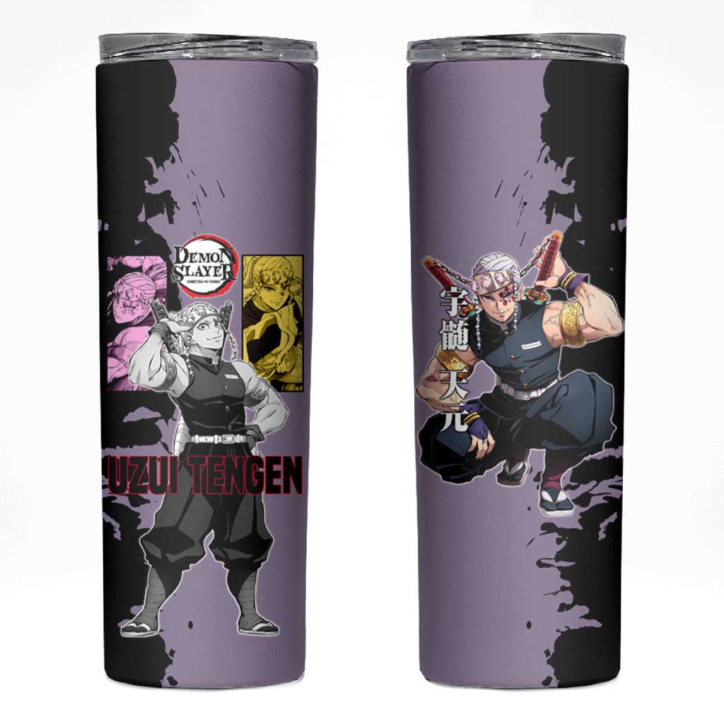 Tengen Uzui from Demon Slayer Skinny Tumbler with Purple and Black Split Design and Dual Sword Manga Panel Layout - The Mazicc