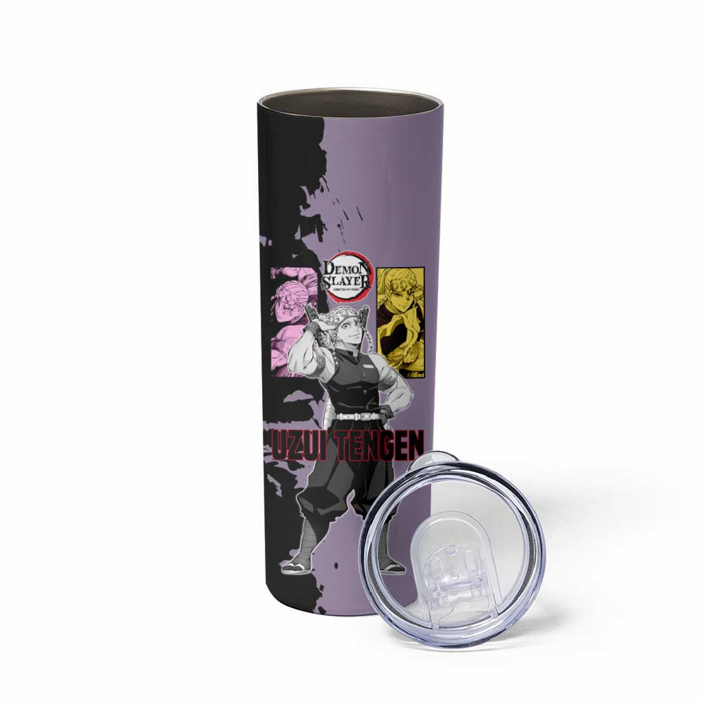 Tengen Uzui from Demon Slayer Skinny Tumbler with Purple and Black Split Design and Dual Sword Manga Panel Layout - The Mazicc