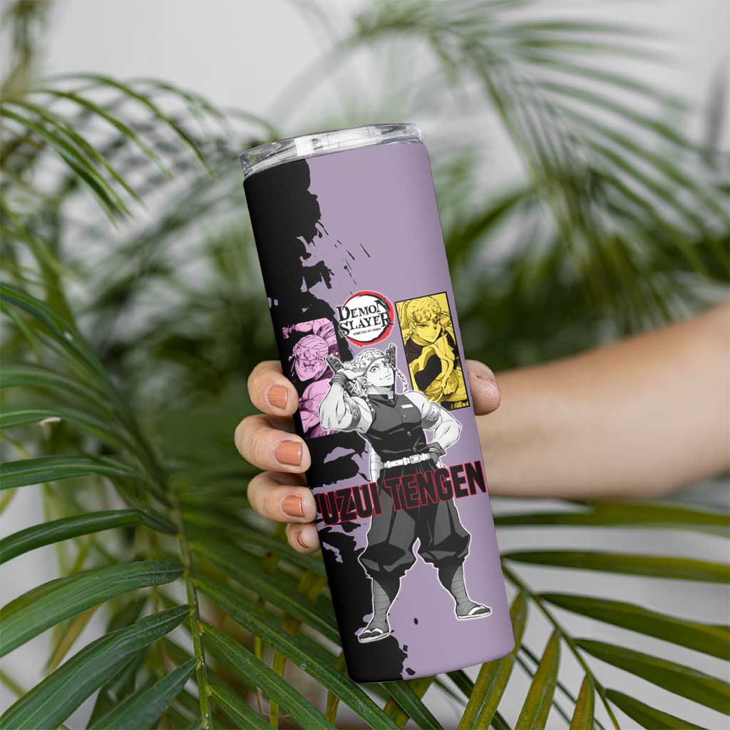 Tengen Uzui from Demon Slayer Skinny Tumbler with Purple and Black Split Design and Dual Sword Manga Panel Layout - The Mazicc