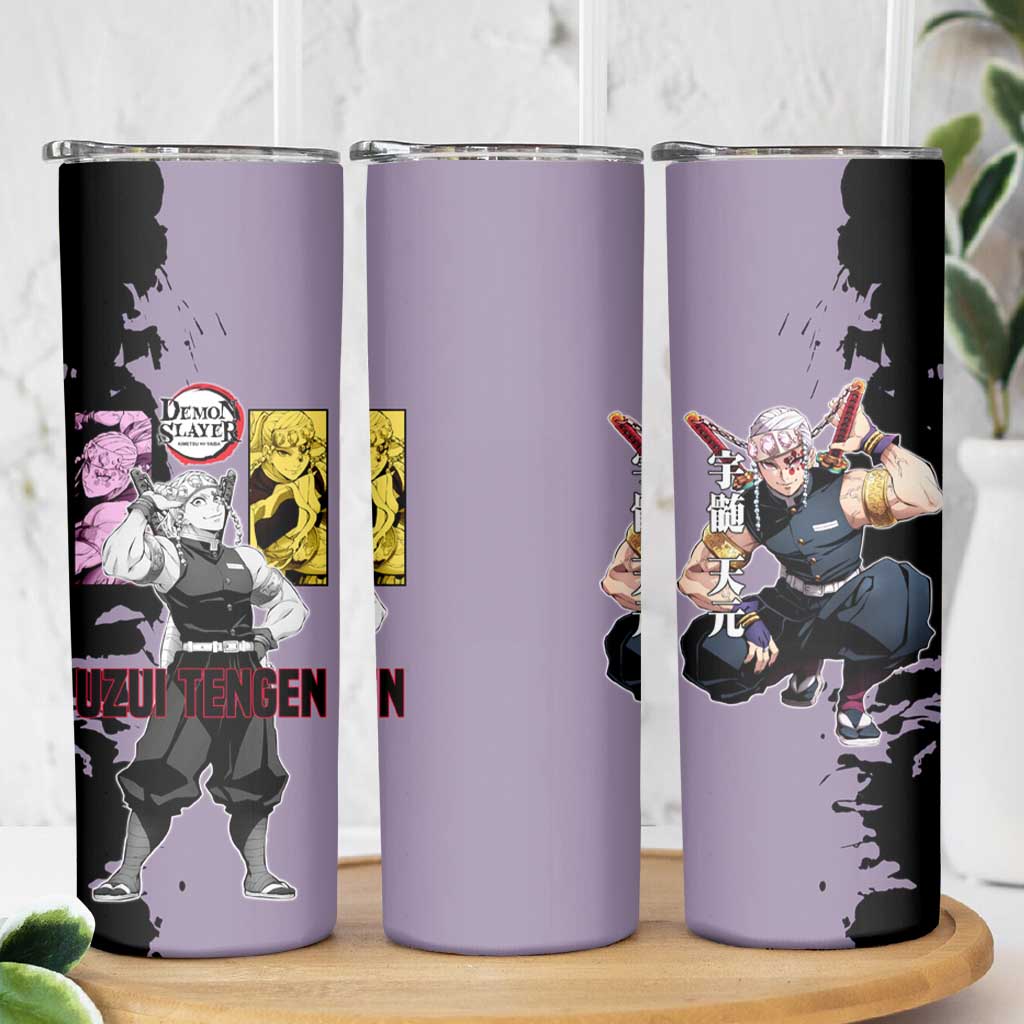 Tengen Uzui from Demon Slayer Skinny Tumbler with Purple and Black Split Design and Dual Sword Manga Panel Layout - The Mazicc
