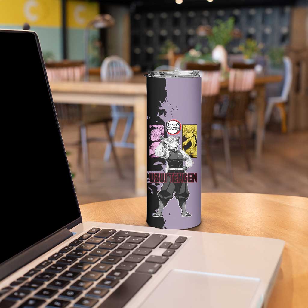Tengen Uzui from Demon Slayer Skinny Tumbler with Purple and Black Split Design and Dual Sword Manga Panel Layout - The Mazicc