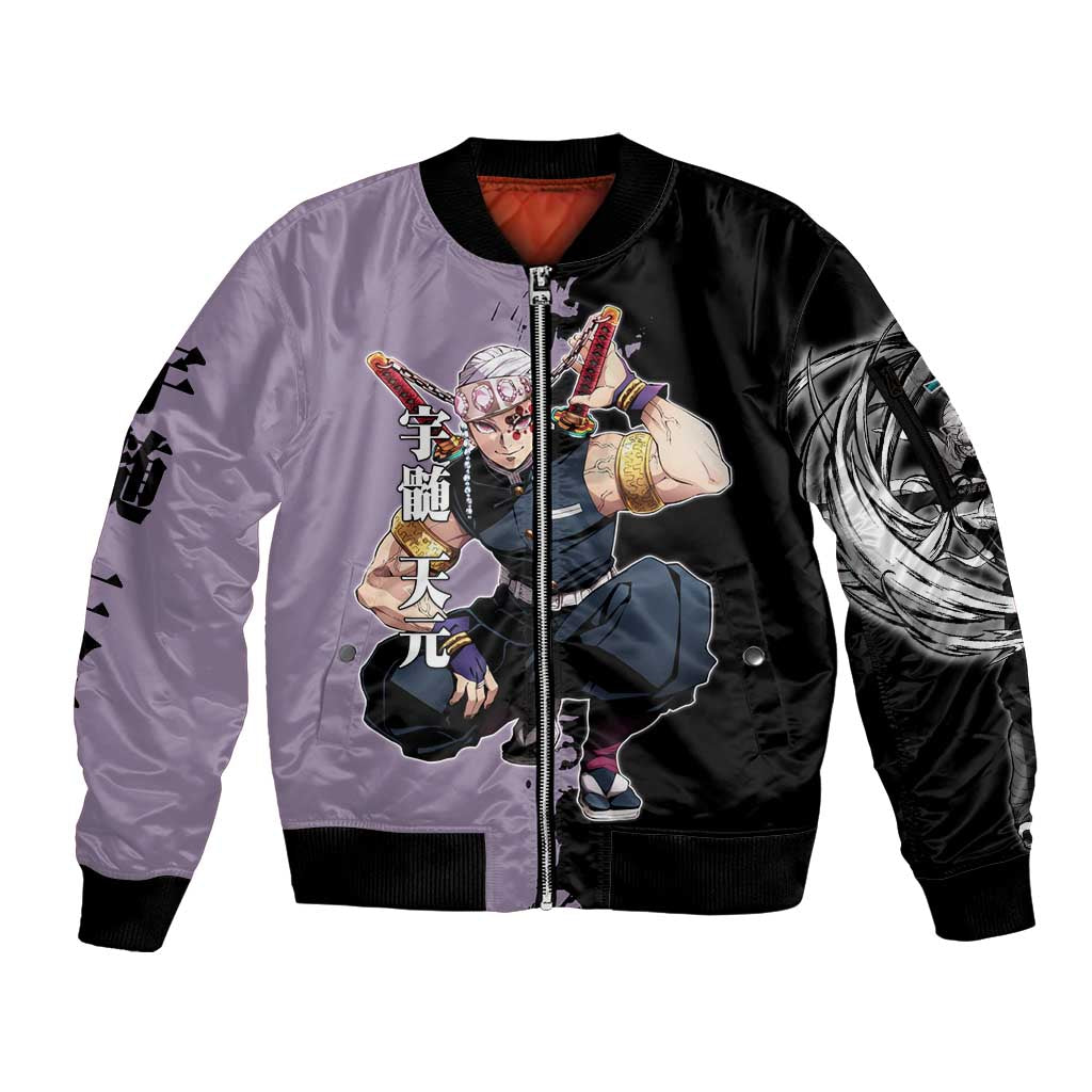 Tengen Uzui from Demon Slayer Sleeve Zip Bomber Jacket with Purple and Black Split Design and Dual Sword Manga Panel Layout - The Mazicc