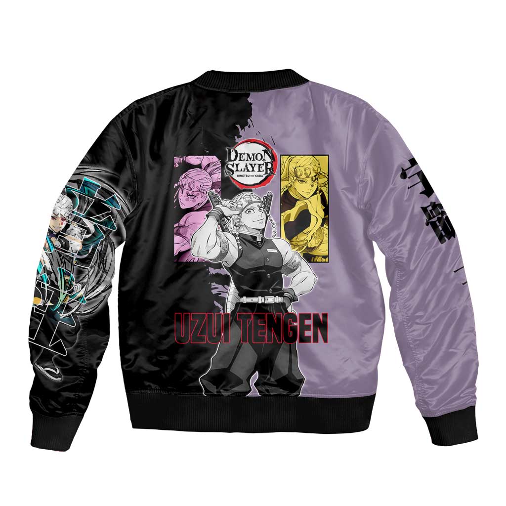 Tengen Uzui from Demon Slayer Sleeve Zip Bomber Jacket with Purple and Black Split Design and Dual Sword Manga Panel Layout - The Mazicc