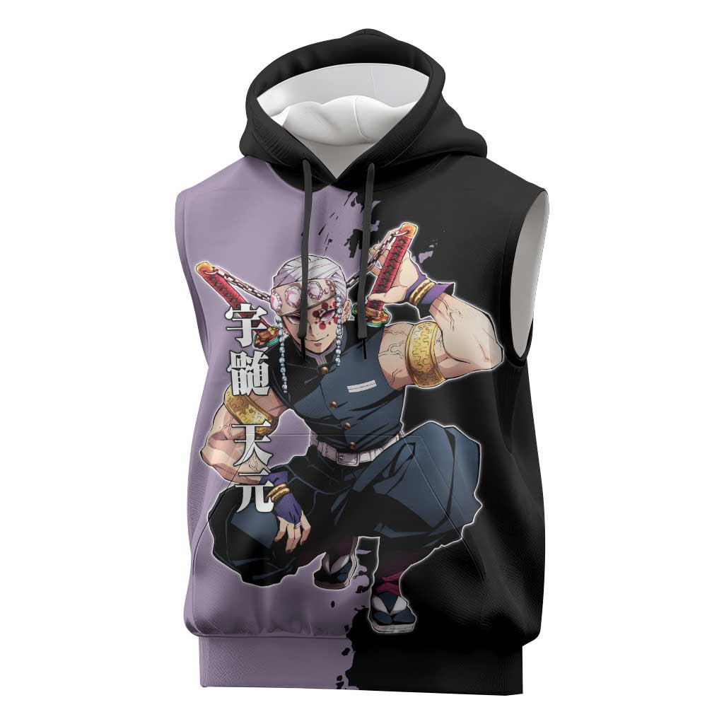 Tengen Uzui from Demon Slayer Sleeveless Hoodie with Purple and Black Split Design and Dual Sword Manga Panel Layout - The Mazicc