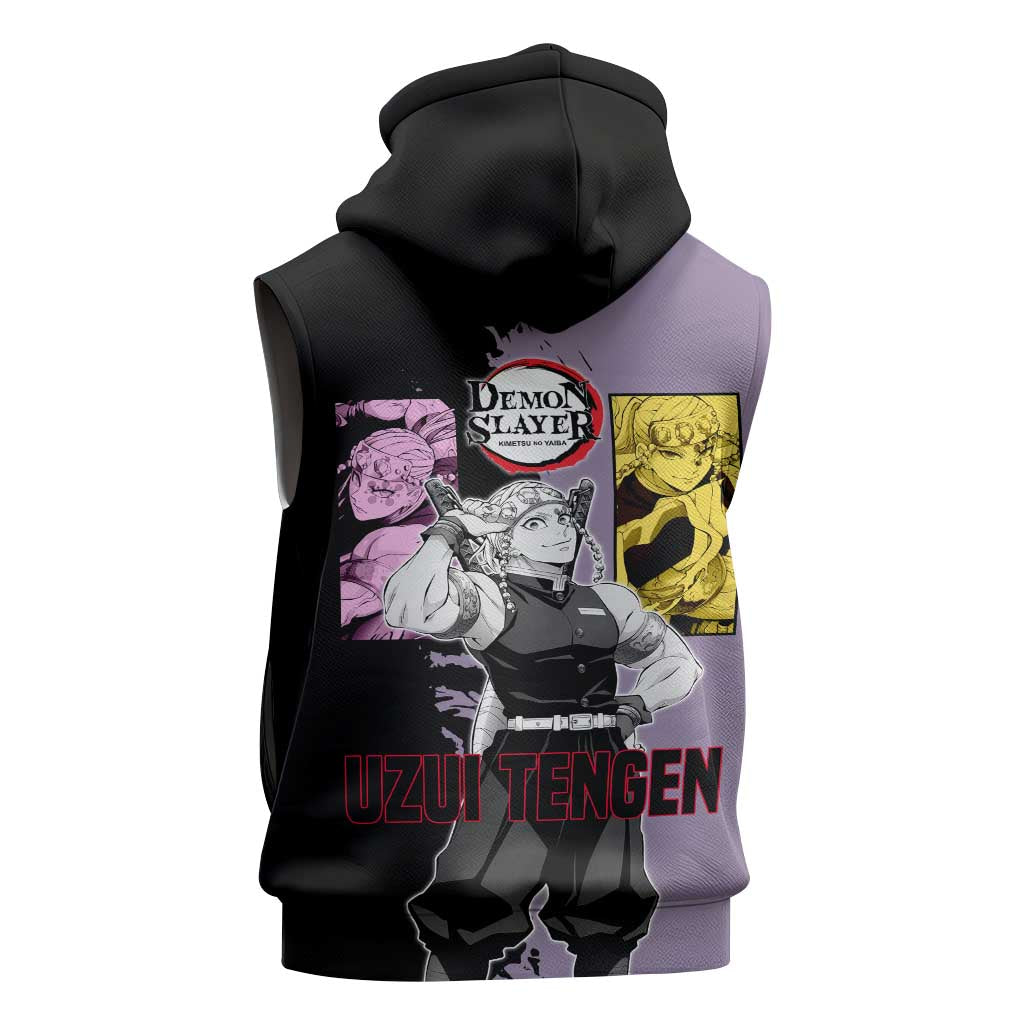 Tengen Uzui from Demon Slayer Sleeveless Hoodie with Purple and Black Split Design and Dual Sword Manga Panel Layout - The Mazicc