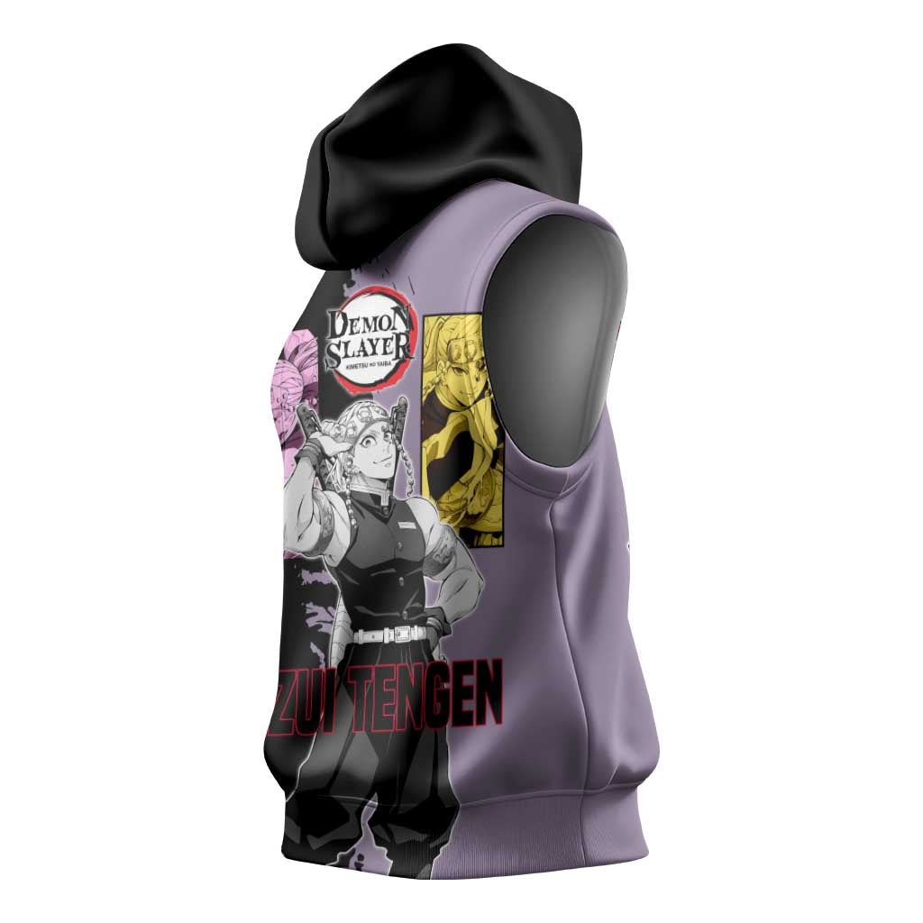 Tengen Uzui from Demon Slayer Sleeveless Hoodie with Purple and Black Split Design and Dual Sword Manga Panel Layout - The Mazicc