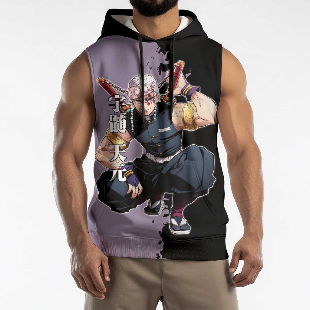 Tengen Uzui from Demon Slayer Sleeveless Hoodie with Purple and Black Split Design and Dual Sword Manga Panel Layout - The Mazicc