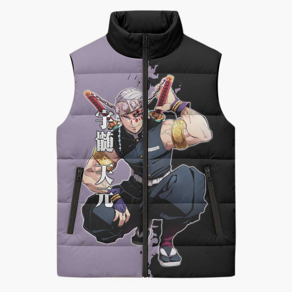 Tengen Uzui from Demon Slayer Sleeveless Puffer Jacket with Purple and Black Split Design and Dual Sword Manga Panel Layout - The Mazicc