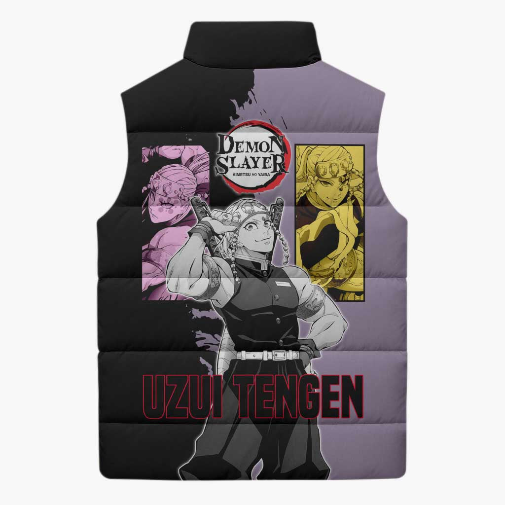 Tengen Uzui from Demon Slayer Sleeveless Puffer Jacket with Purple and Black Split Design and Dual Sword Manga Panel Layout - The Mazicc