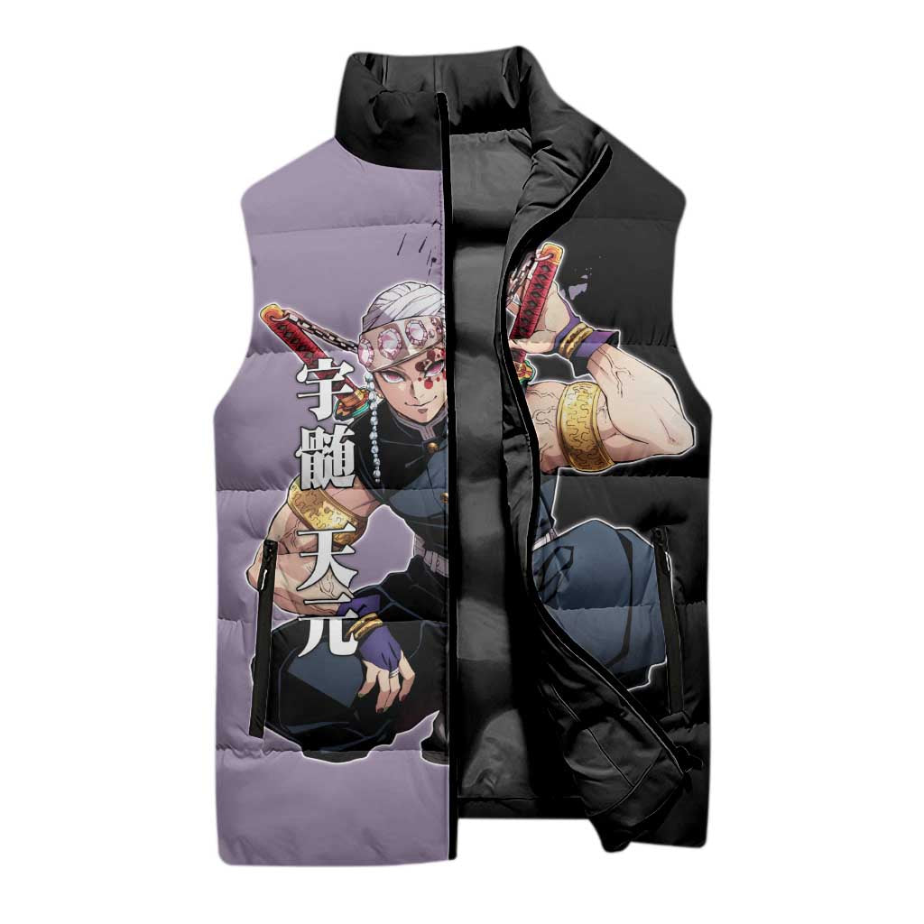 Tengen Uzui from Demon Slayer Sleeveless Puffer Jacket with Purple and Black Split Design and Dual Sword Manga Panel Layout - The Mazicc