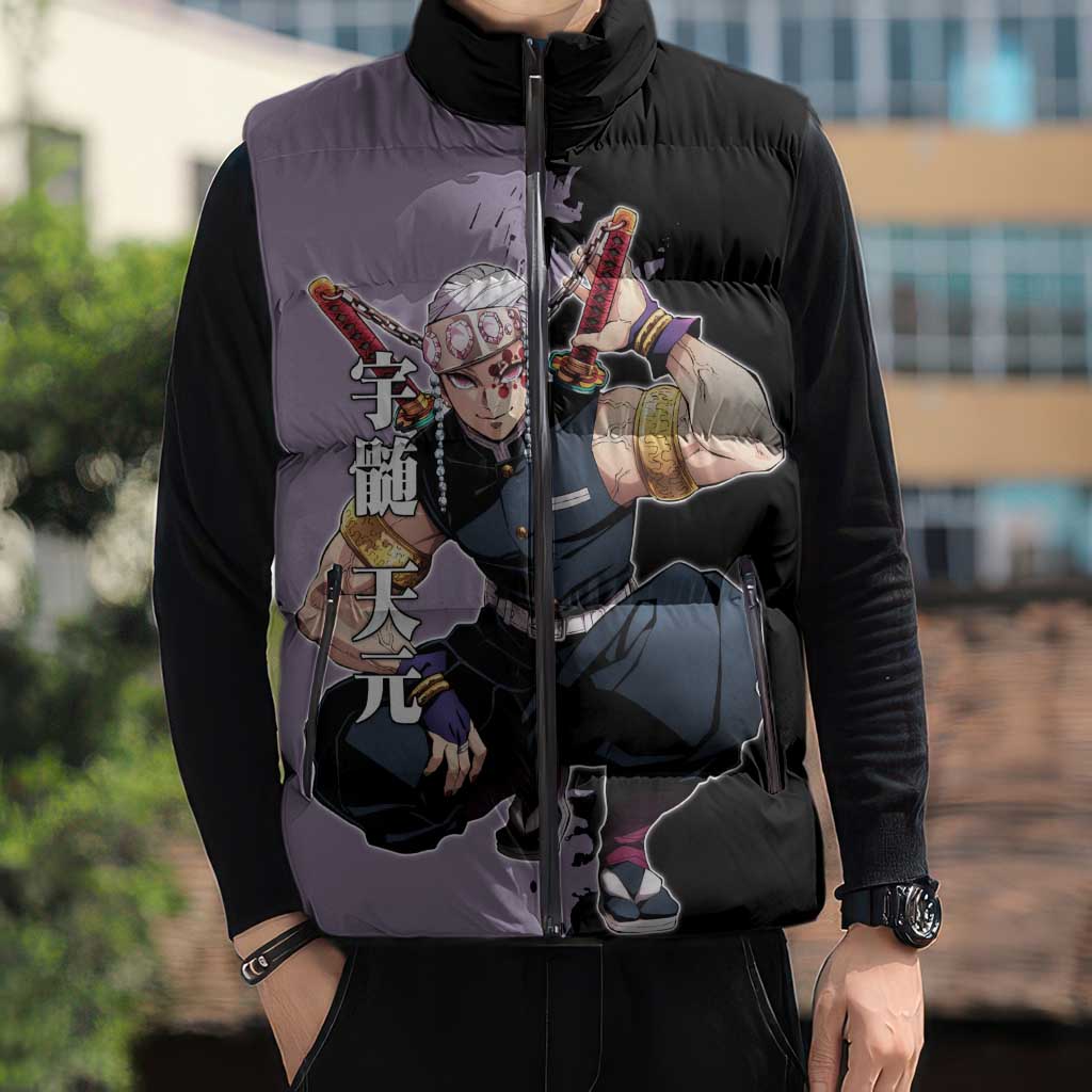 Tengen Uzui from Demon Slayer Sleeveless Puffer Jacket with Purple and Black Split Design and Dual Sword Manga Panel Layout - The Mazicc