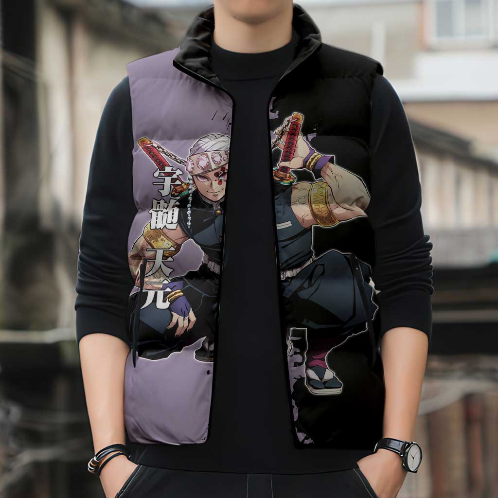 Tengen Uzui from Demon Slayer Sleeveless Puffer Jacket with Purple and Black Split Design and Dual Sword Manga Panel Layout - The Mazicc