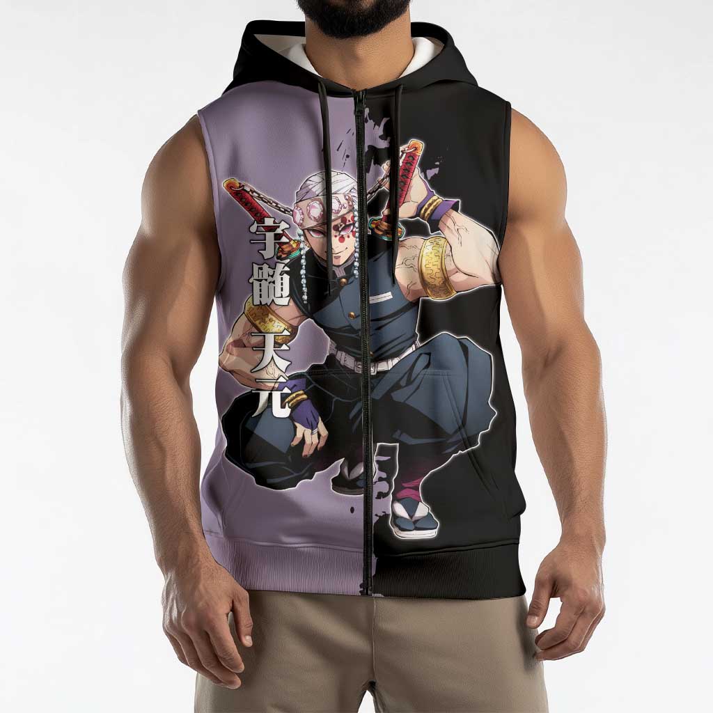 Tengen Uzui from Demon Slayer Sleeveless Zip Hoodie with Purple and Black Split Design and Dual Sword Manga Panel Layout - The Mazicc