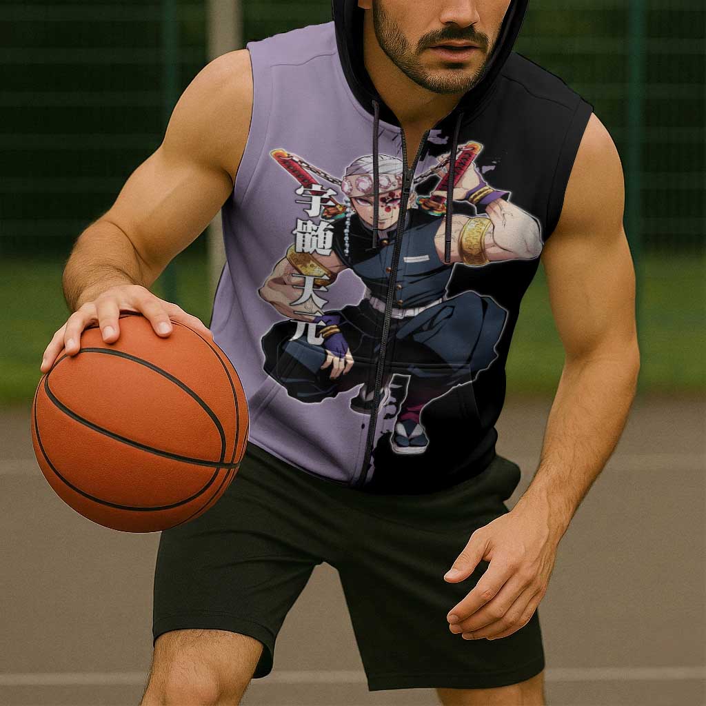 Tengen Uzui from Demon Slayer Sleeveless Zip Hoodie with Purple and Black Split Design and Dual Sword Manga Panel Layout - The Mazicc