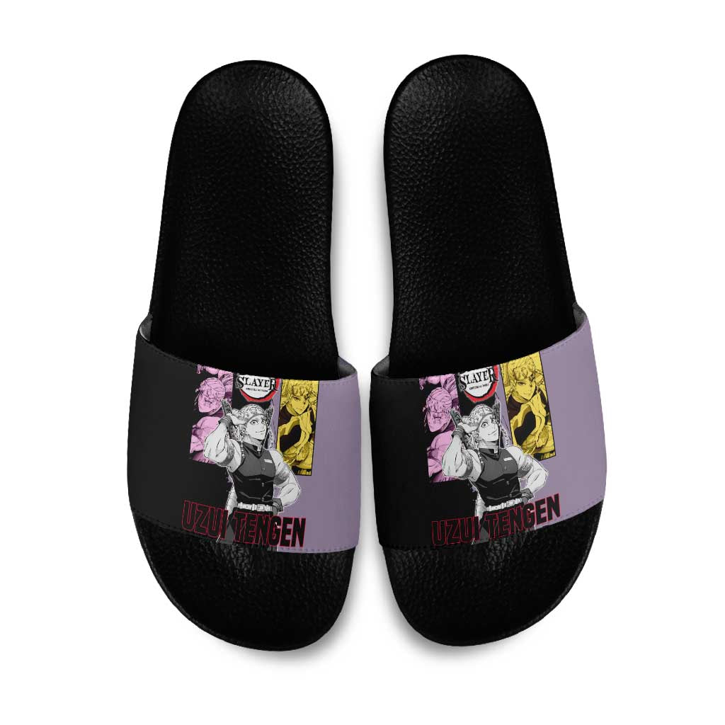 Tengen Uzui from Demon Slayer Slide Sandals with Purple and Black Split Design and Dual Sword Manga Panel Layout - The Mazicc