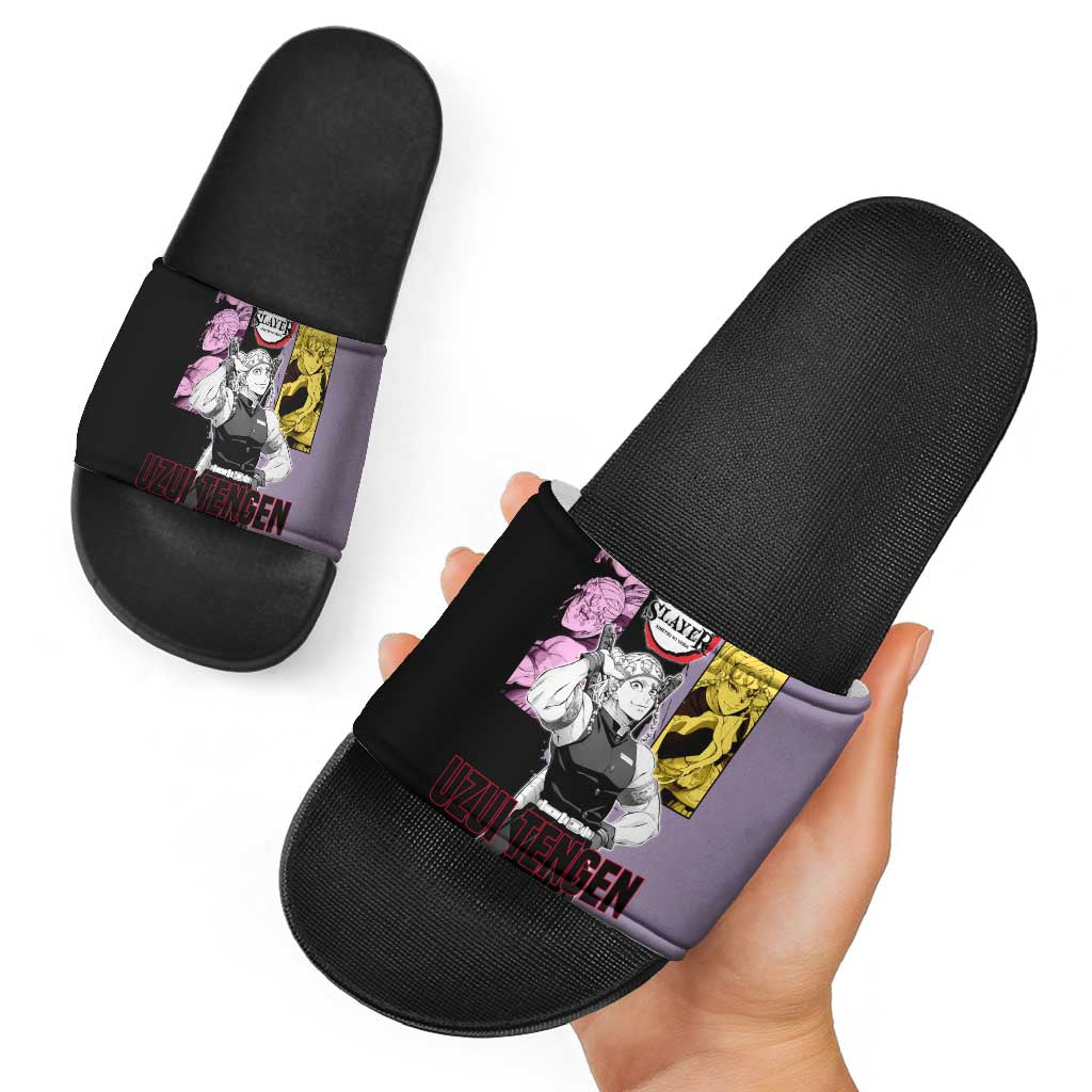 Tengen Uzui from Demon Slayer Slide Sandals with Purple and Black Split Design and Dual Sword Manga Panel Layout - The Mazicc
