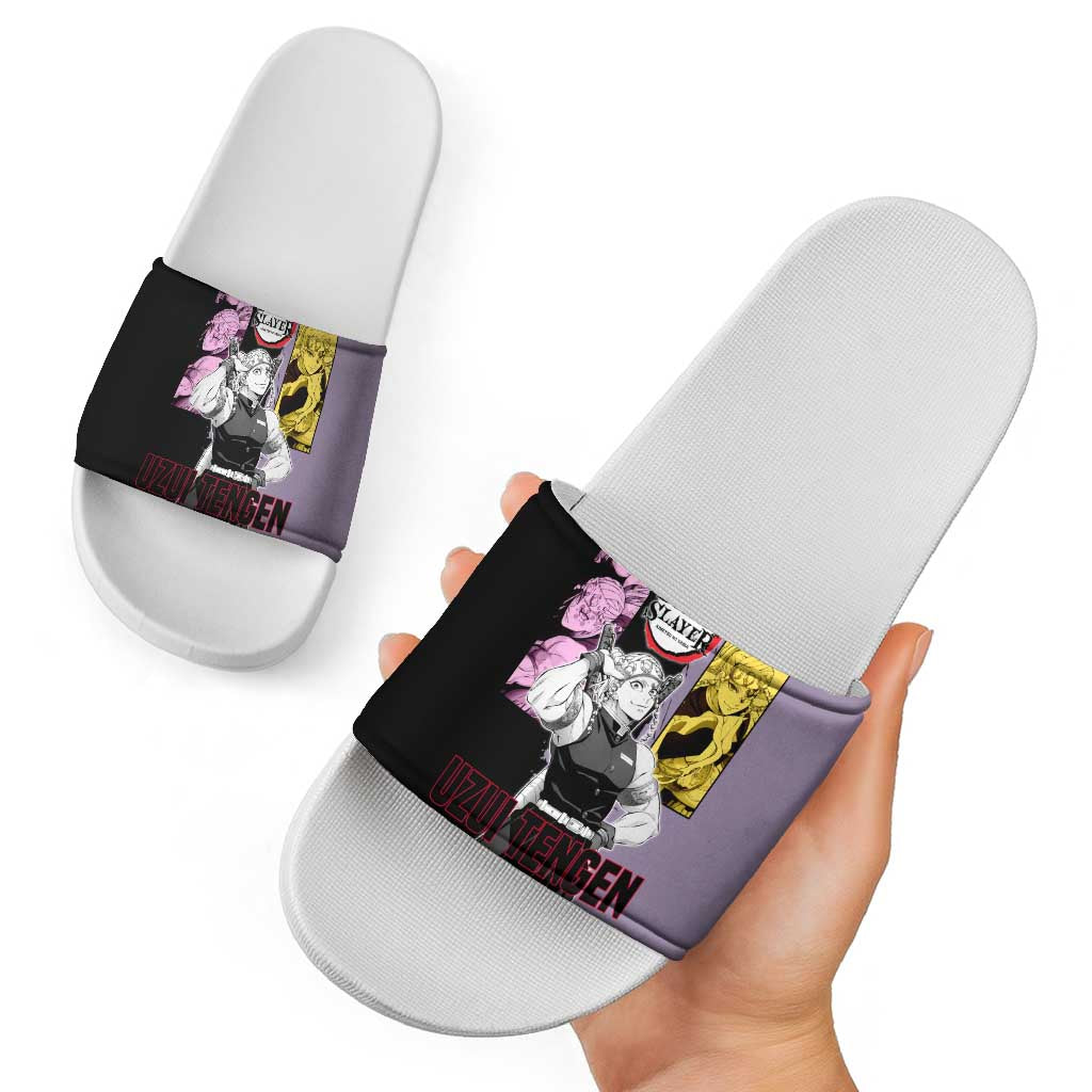 Tengen Uzui from Demon Slayer Slide Sandals with Purple and Black Split Design and Dual Sword Manga Panel Layout - The Mazicc