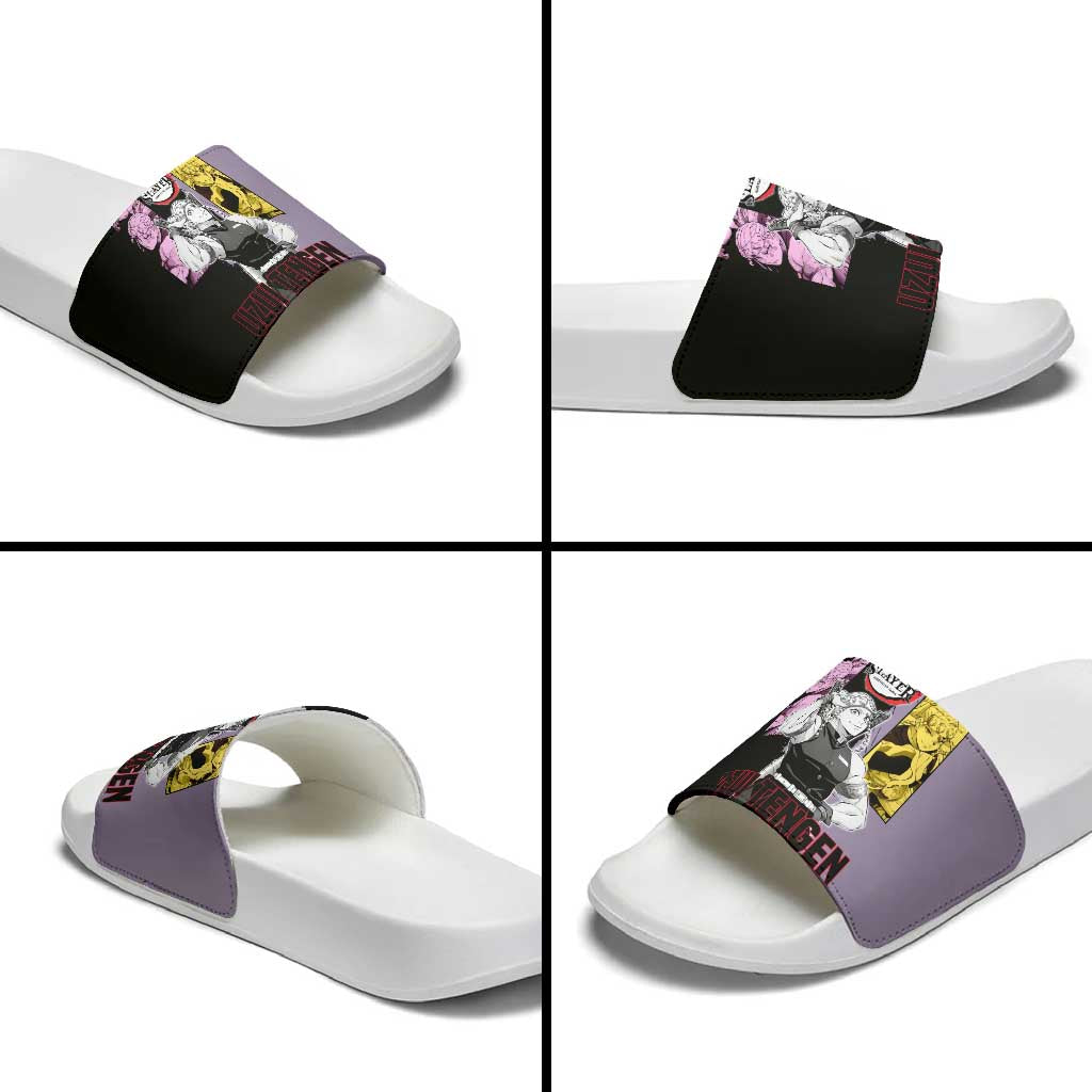 Tengen Uzui from Demon Slayer Slide Sandals with Purple and Black Split Design and Dual Sword Manga Panel Layout - The Mazicc