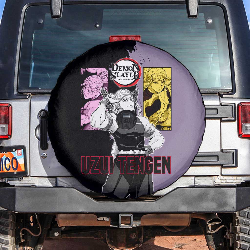 Tengen Uzui from Demon Slayer Spare Tire Cover with Purple and Black Split Design and Dual Sword Manga Panel Layout - The Mazicc