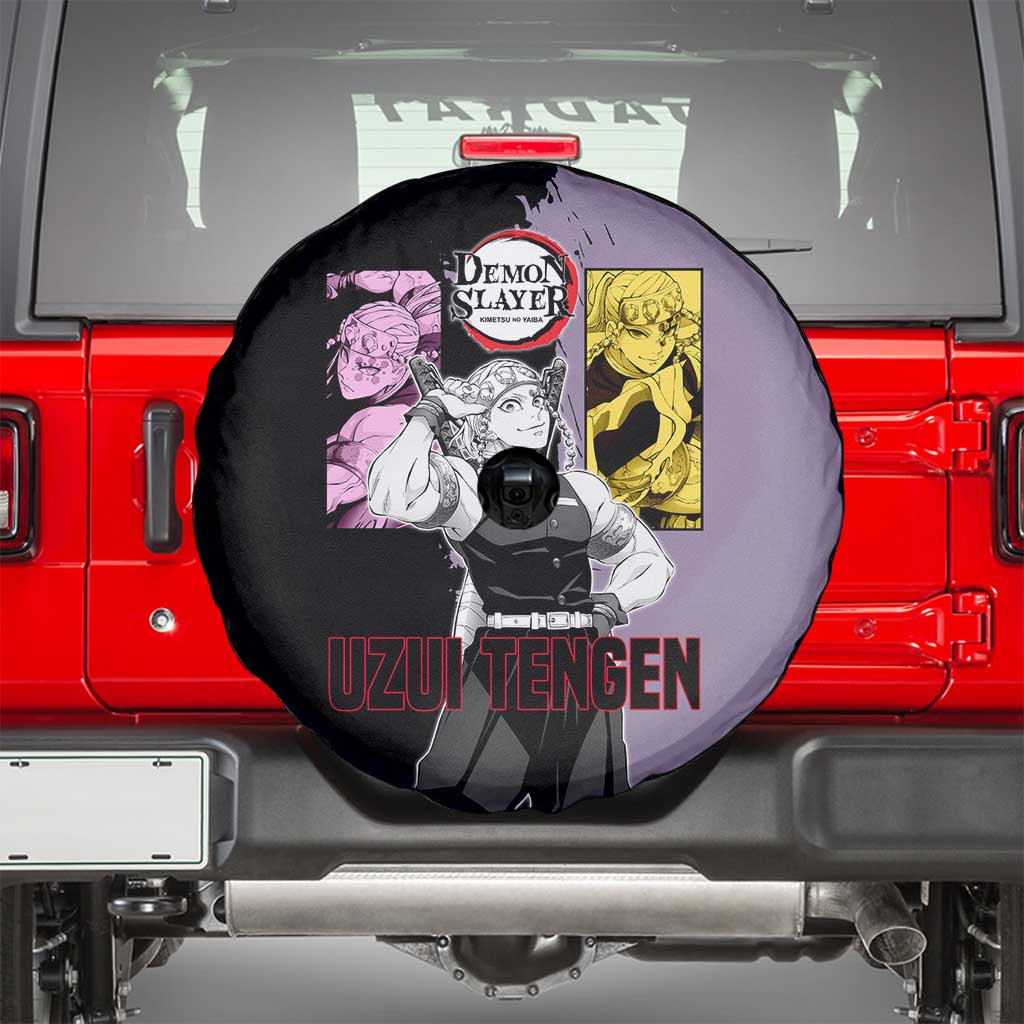 Tengen Uzui from Demon Slayer Spare Tire Cover with Purple and Black Split Design and Dual Sword Manga Panel Layout - The Mazicc