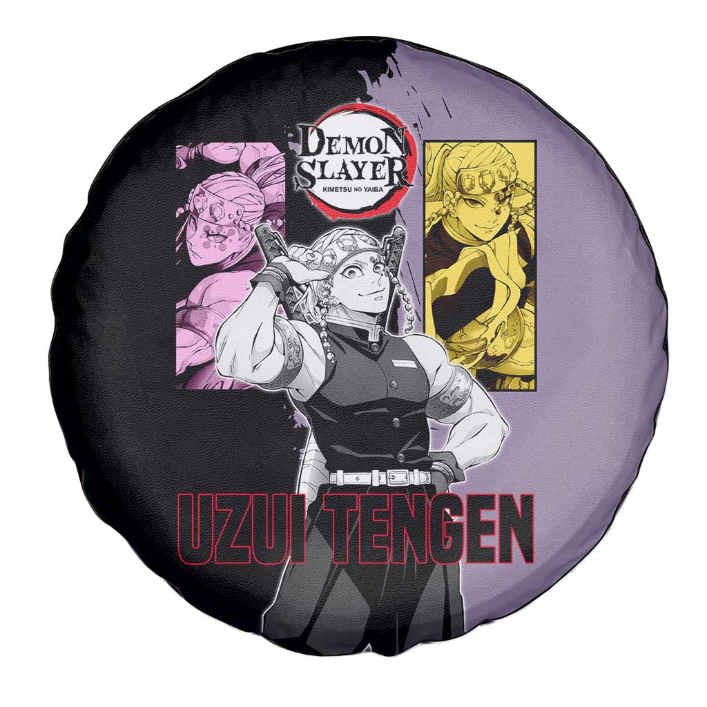 Tengen Uzui from Demon Slayer Spare Tire Cover with Purple and Black Split Design and Dual Sword Manga Panel Layout - The Mazicc
