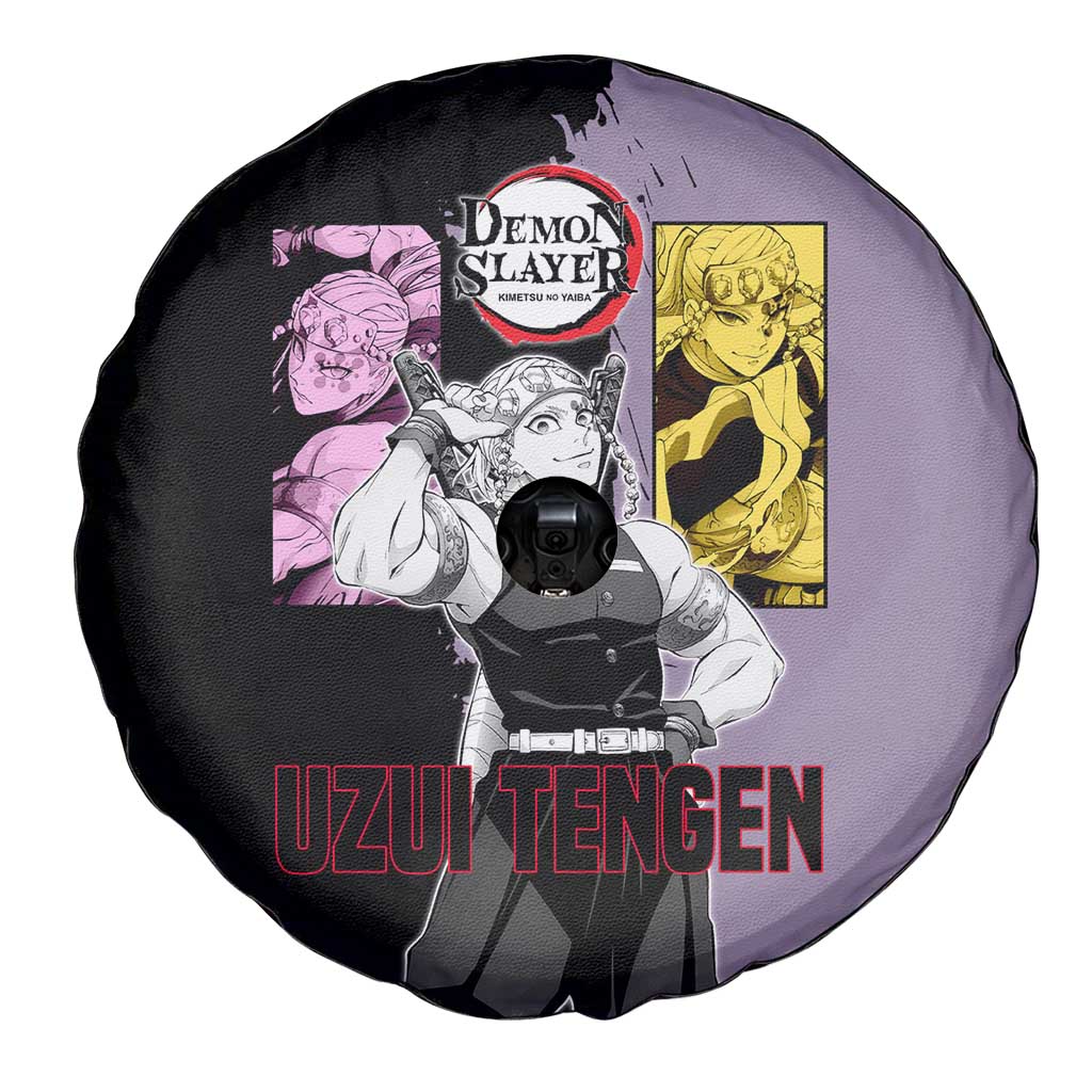 Tengen Uzui from Demon Slayer Spare Tire Cover with Purple and Black Split Design and Dual Sword Manga Panel Layout - The Mazicc