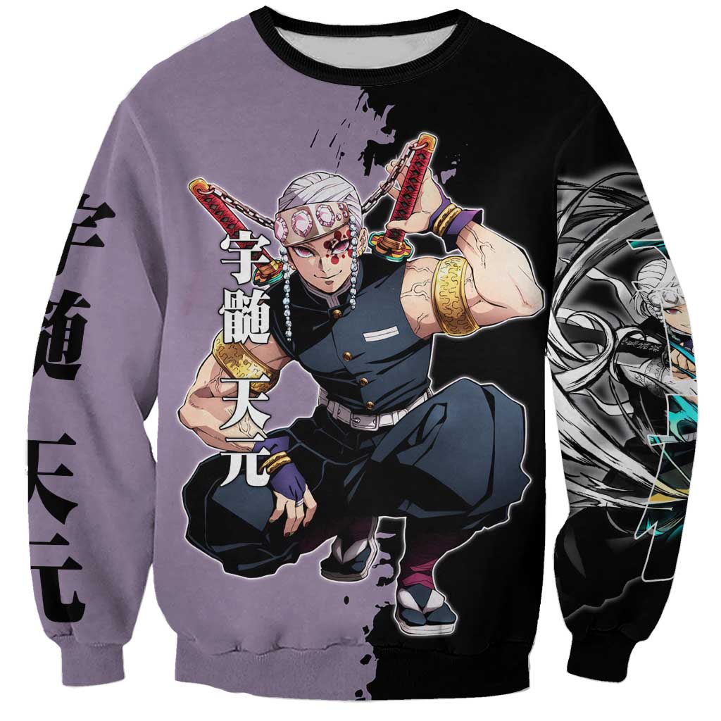 Tengen Uzui from Demon Slayer Sweatshirt with Purple and Black Split Design and Dual Sword Manga Panel Layout - The Mazicc