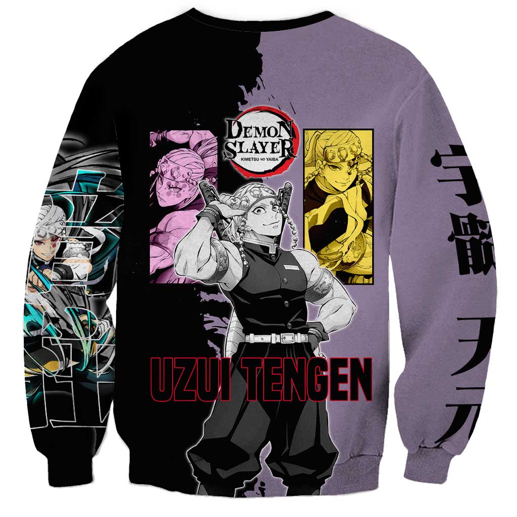 Tengen Uzui from Demon Slayer Sweatshirt with Purple and Black Split Design and Dual Sword Manga Panel Layout - The Mazicc