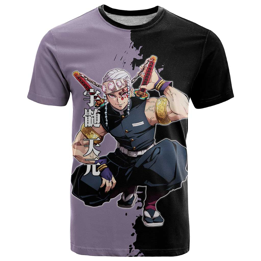 Tengen Uzui from Demon Slayer T Shirt with Purple and Black Split Design and Dual Sword Manga Panel Layout - The Mazicc