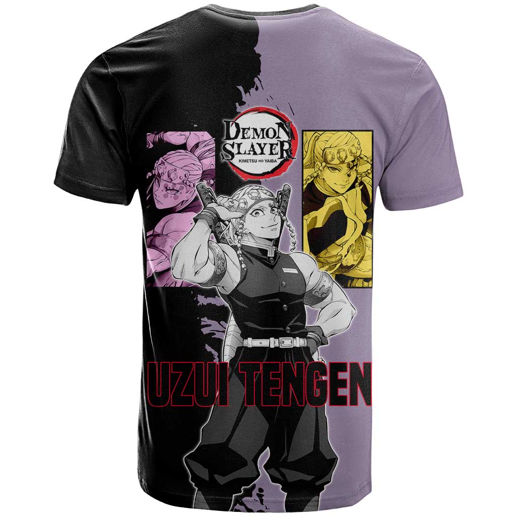 Tengen Uzui from Demon Slayer T Shirt with Purple and Black Split Design and Dual Sword Manga Panel Layout - The Mazicc