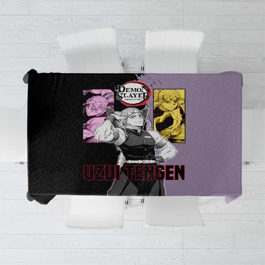 Tengen Uzui from Demon Slayer Tablecloth with Purple and Black Split Design and Dual Sword Manga Panel Layout - The Mazicc