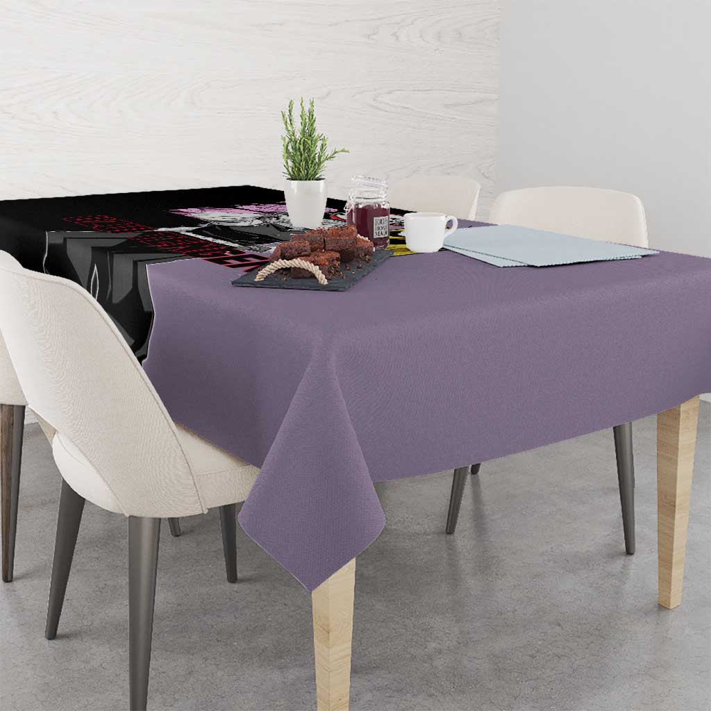Tengen Uzui from Demon Slayer Tablecloth with Purple and Black Split Design and Dual Sword Manga Panel Layout - The Mazicc