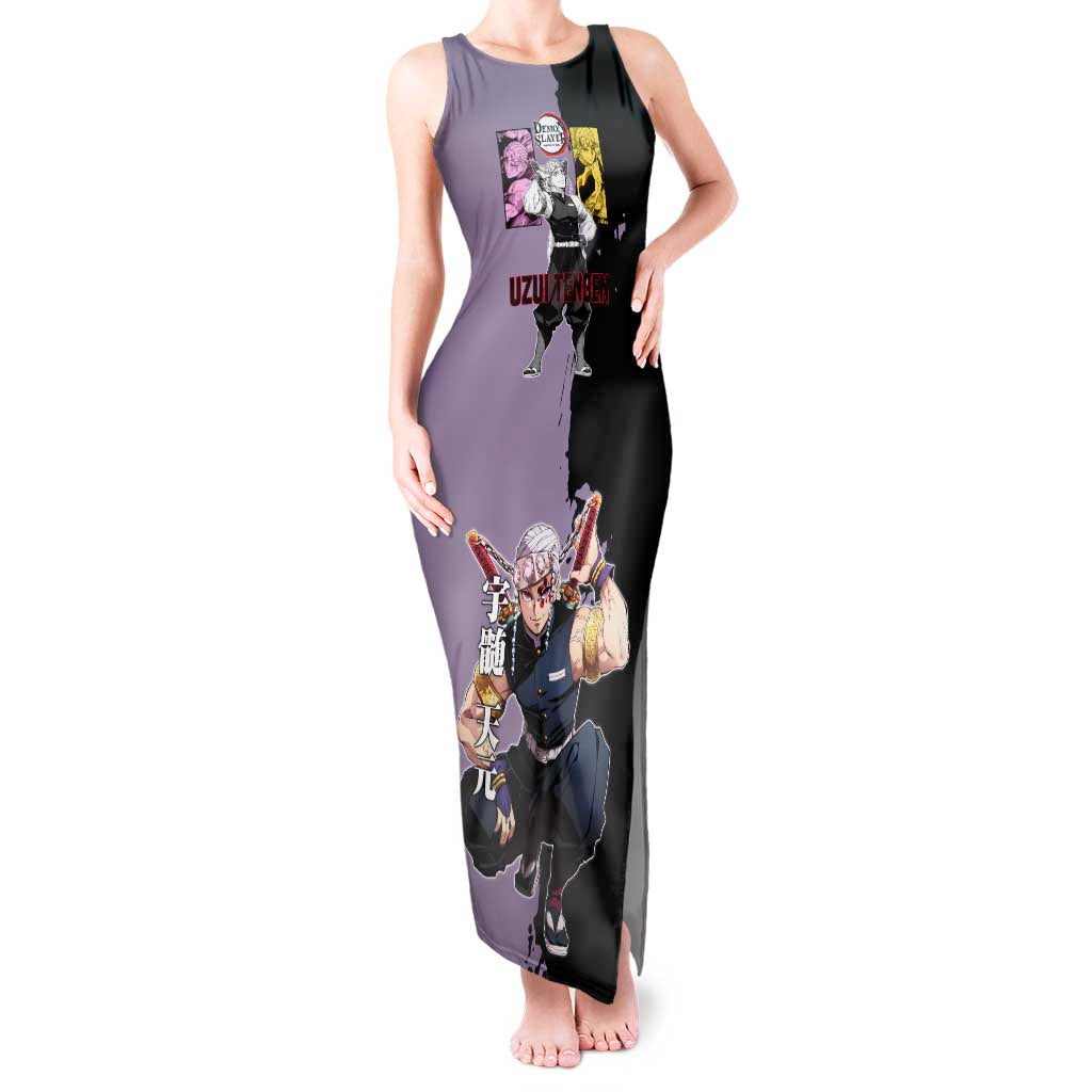 Tengen Uzui from Demon Slayer Tank Maxi Dress with Purple and Black Split Design and Dual Sword Manga Panel Layout - The Mazicc