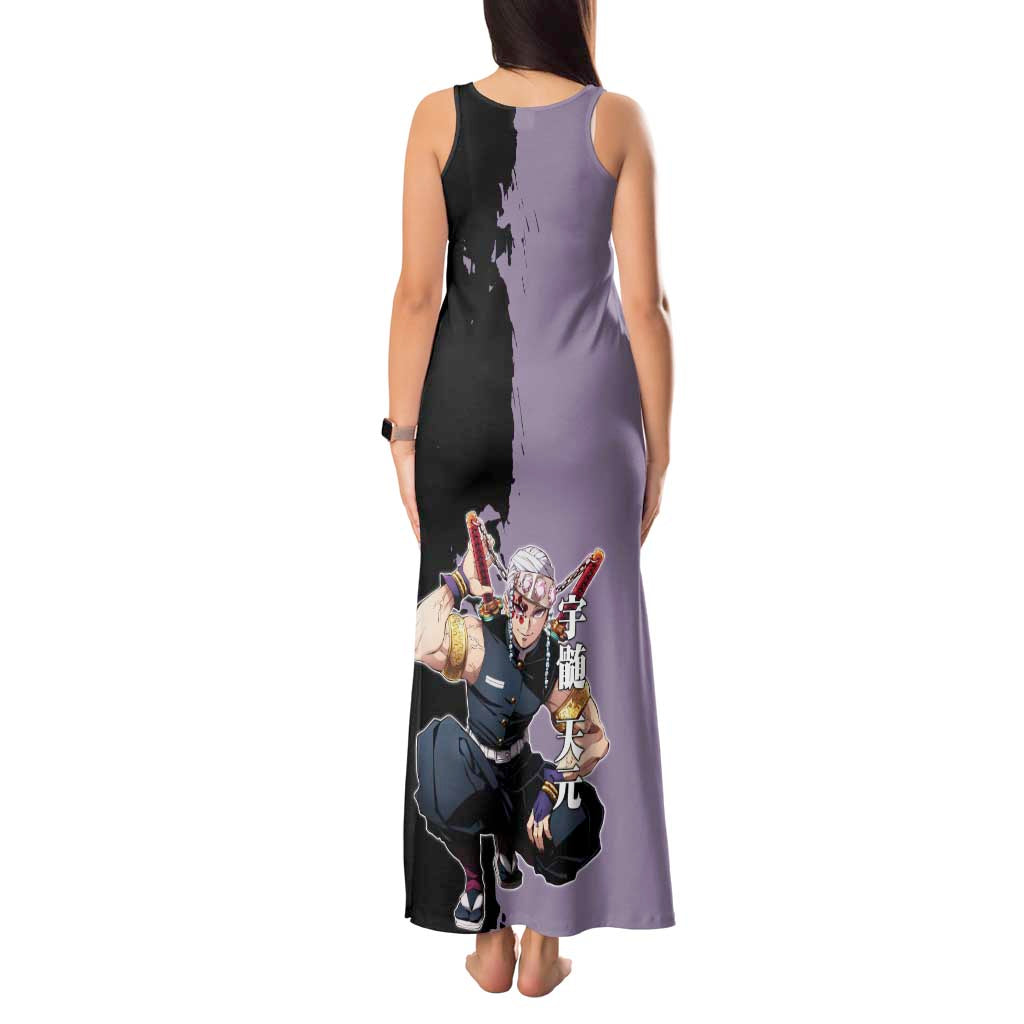 Tengen Uzui from Demon Slayer Tank Maxi Dress with Purple and Black Split Design and Dual Sword Manga Panel Layout - The Mazicc