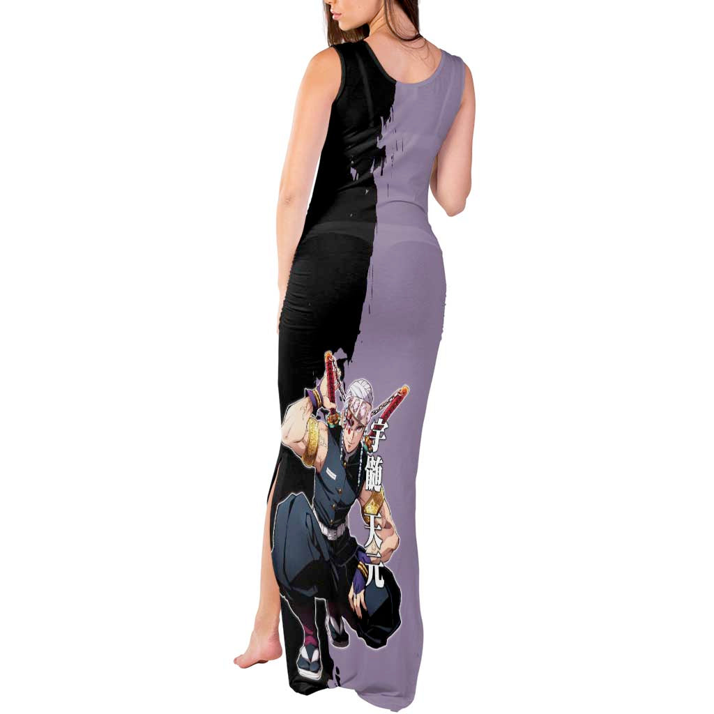 Tengen Uzui from Demon Slayer Tank Maxi Dress with Purple and Black Split Design and Dual Sword Manga Panel Layout - The Mazicc