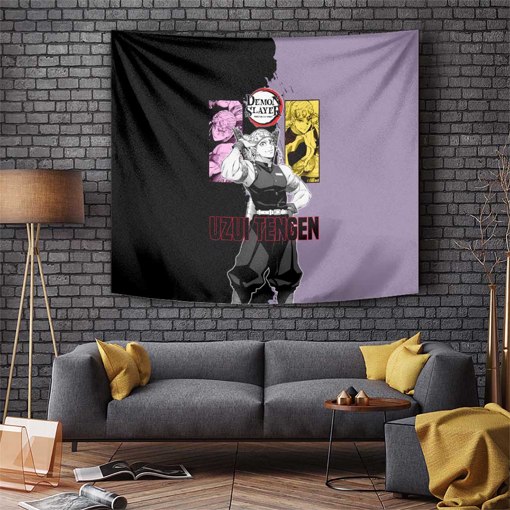 Tengen Uzui from Demon Slayer Tapestry with Purple and Black Split Design and Dual Sword Manga Panel Layout - The Mazicc