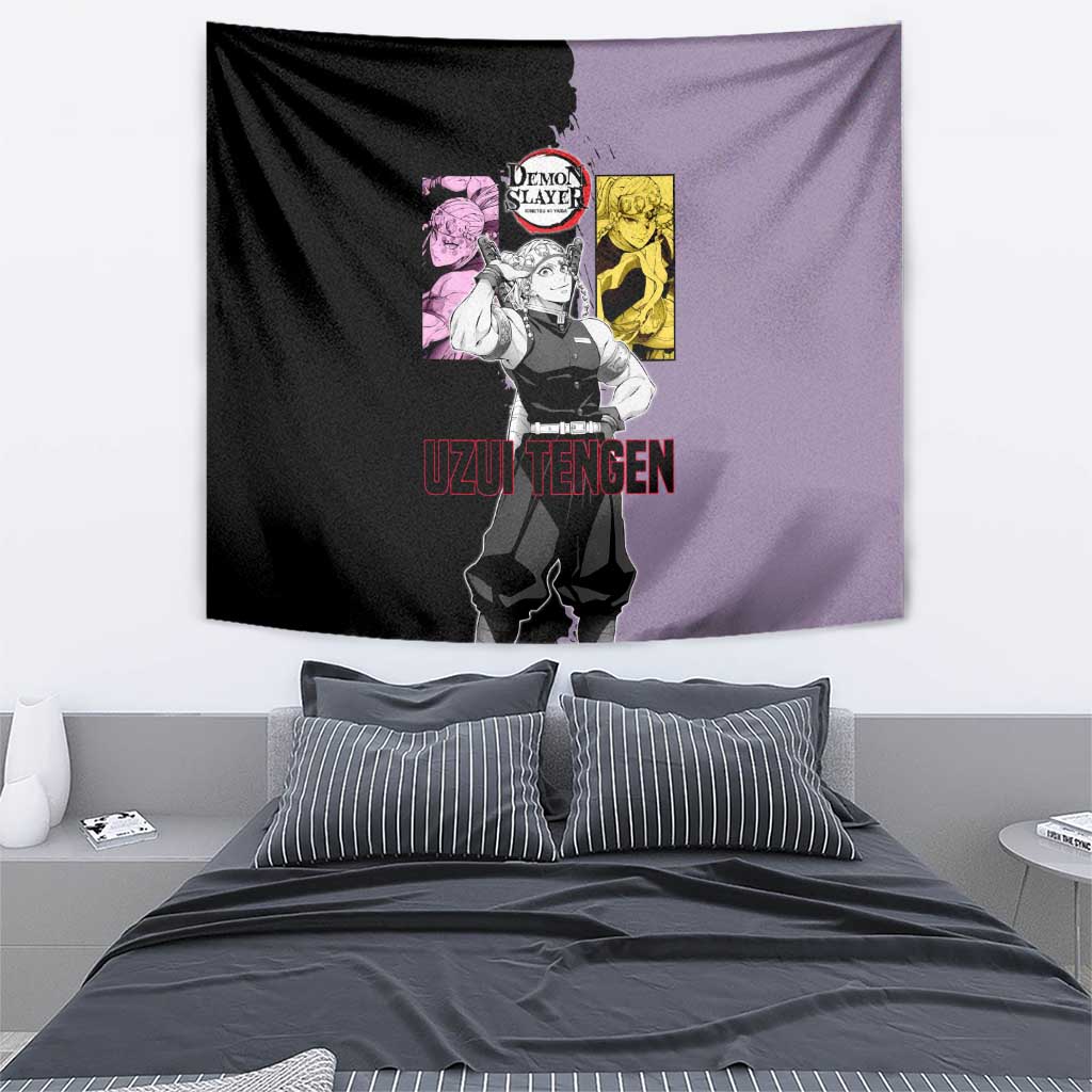 Tengen Uzui from Demon Slayer Tapestry with Purple and Black Split Design and Dual Sword Manga Panel Layout - The Mazicc