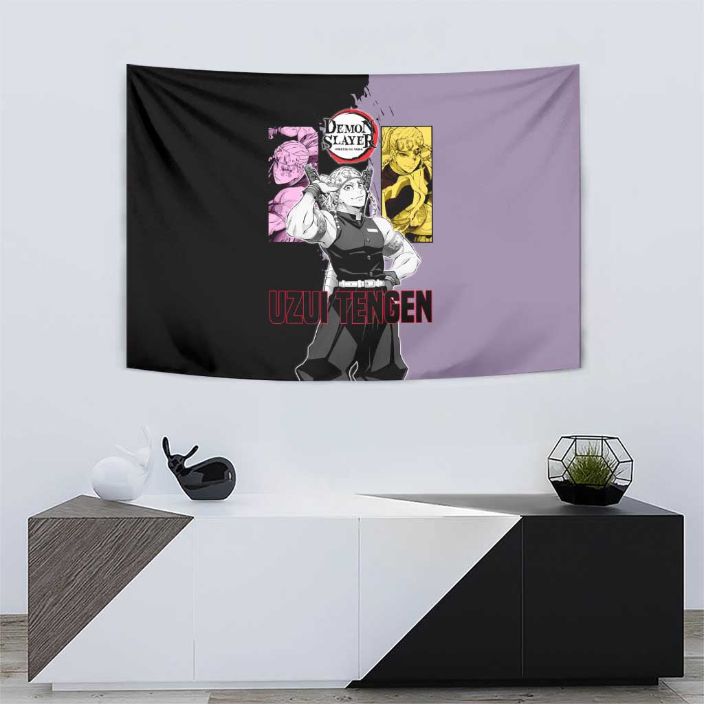 Tengen Uzui from Demon Slayer Tapestry with Purple and Black Split Design and Dual Sword Manga Panel Layout - The Mazicc