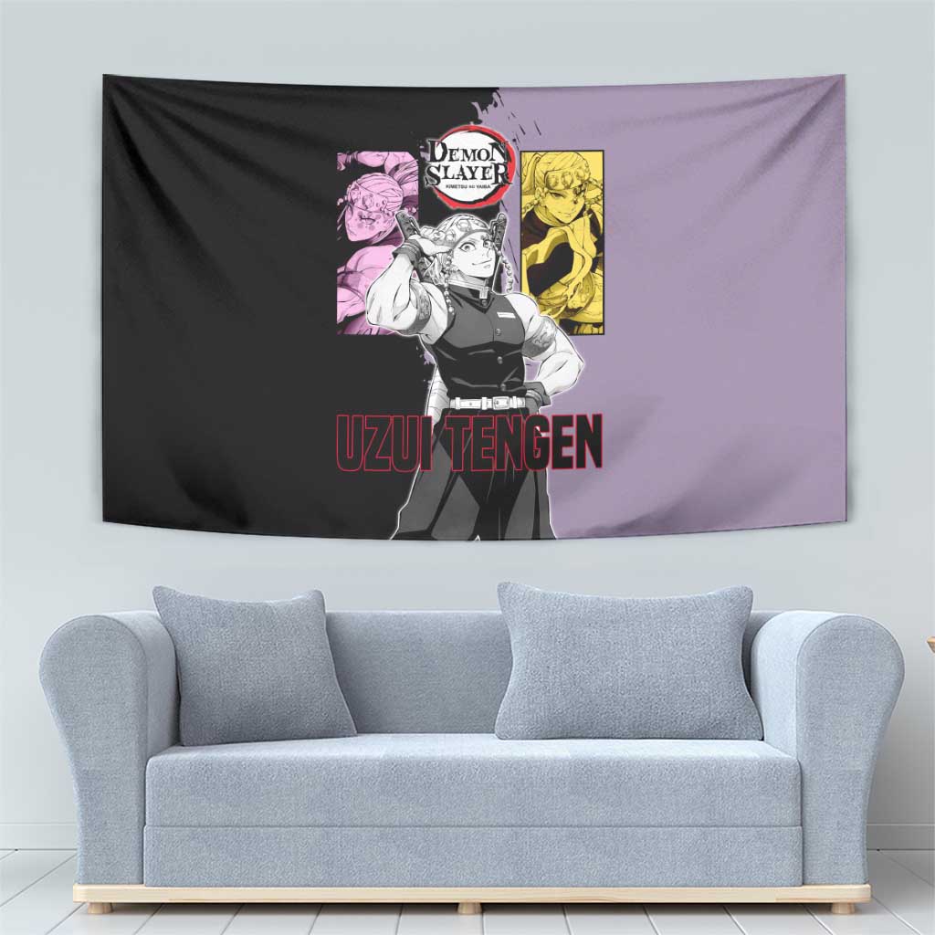 Tengen Uzui from Demon Slayer Tapestry with Purple and Black Split Design and Dual Sword Manga Panel Layout - The Mazicc