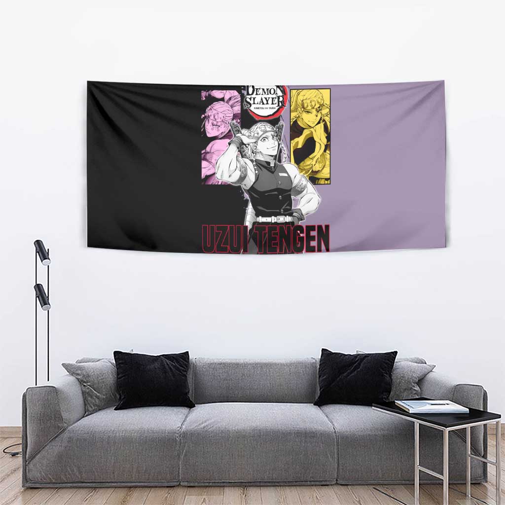 Tengen Uzui from Demon Slayer Tapestry with Purple and Black Split Design and Dual Sword Manga Panel Layout - The Mazicc