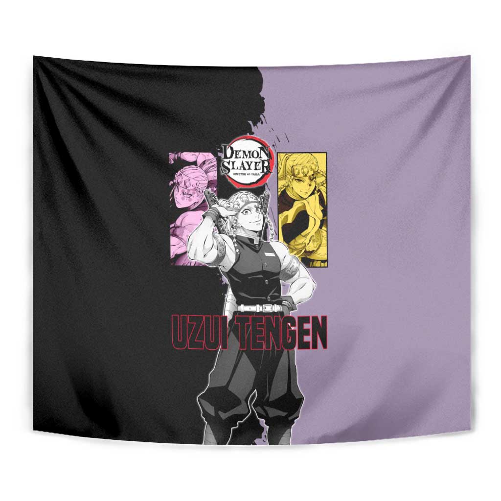 Tengen Uzui from Demon Slayer Tapestry with Purple and Black Split Design and Dual Sword Manga Panel Layout - The Mazicc