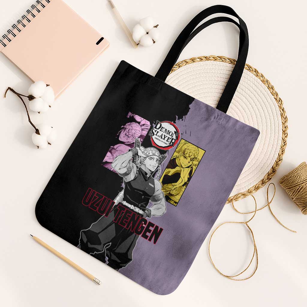 Tengen Uzui from Demon Slayer Tote Bag with Purple and Black Split Design and Dual Sword Manga Panel Layout - The Mazicc