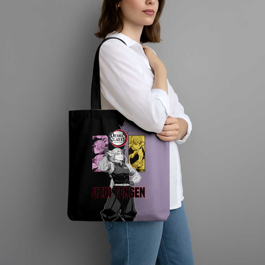 Tengen Uzui from Demon Slayer Tote Bag with Purple and Black Split Design and Dual Sword Manga Panel Layout - The Mazicc